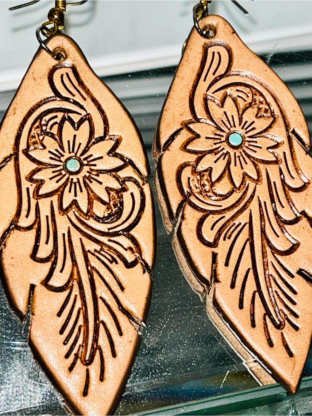 Handcrafted Tan Leather Wooden Floral Earrings with Turquoise Accent